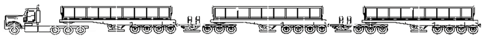 Technical line drawing of a three-trailer road train